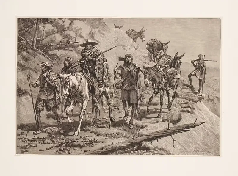 Pima Indians convoying a silver train in Mexico — Frederic Remington