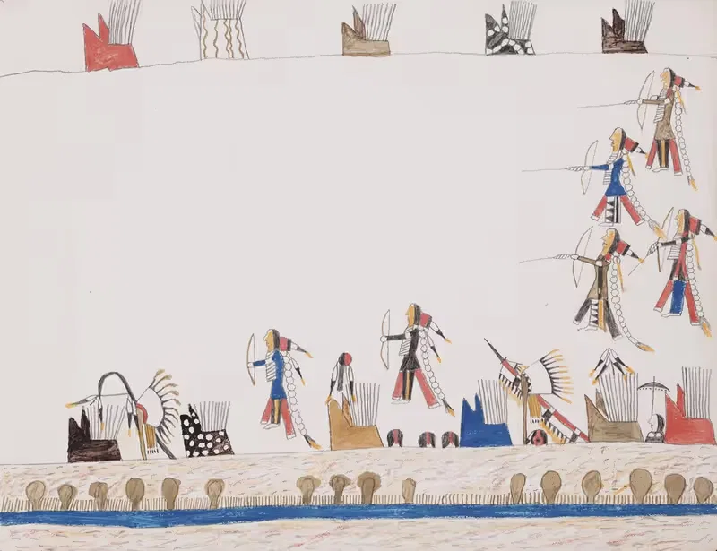 Gathering of Indians for archery practice — Howling Wolf