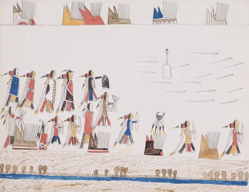 Gathering of Indians for archery practice — Howling Wolf