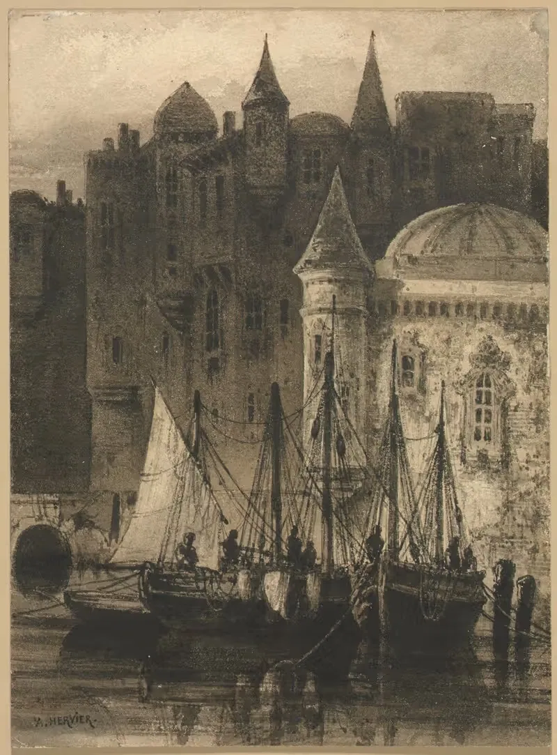 Harbor Scene with Boats and Castle — Auguste Hervier