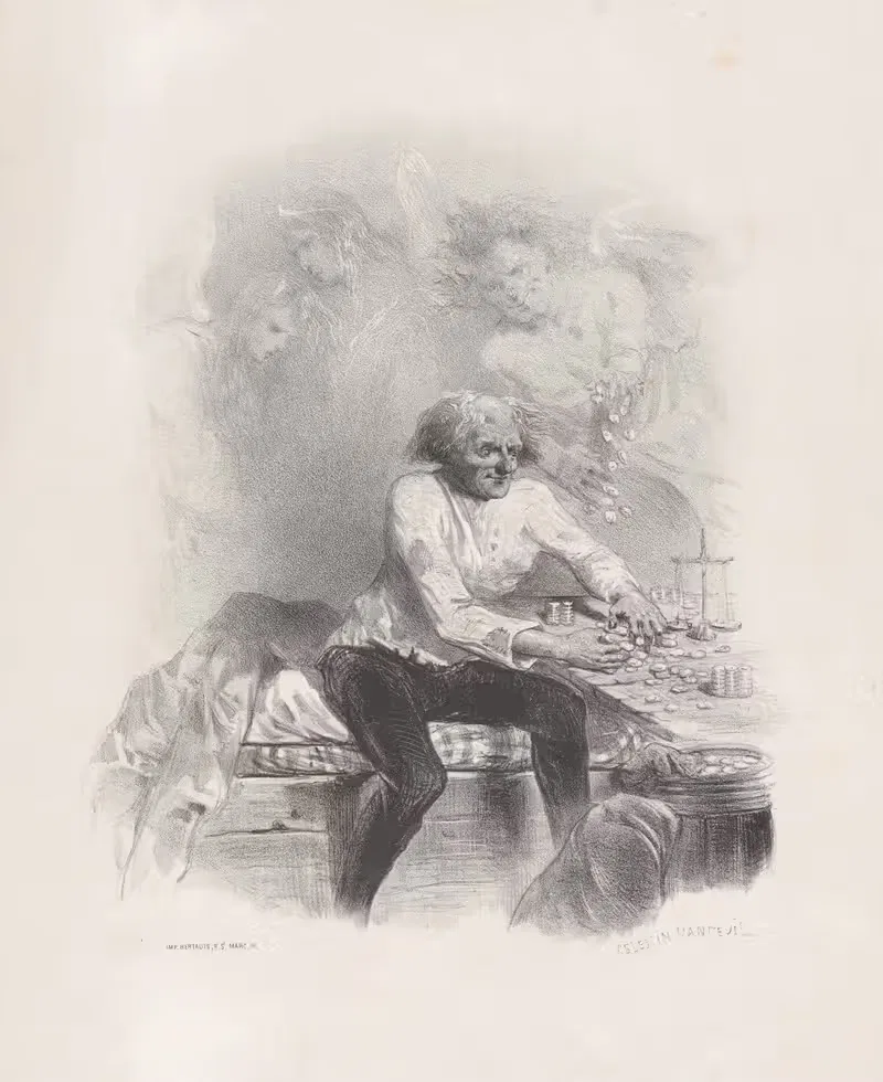 Старик, считающий деньги за столом с весами by Селестен Нантёй — digital art print download