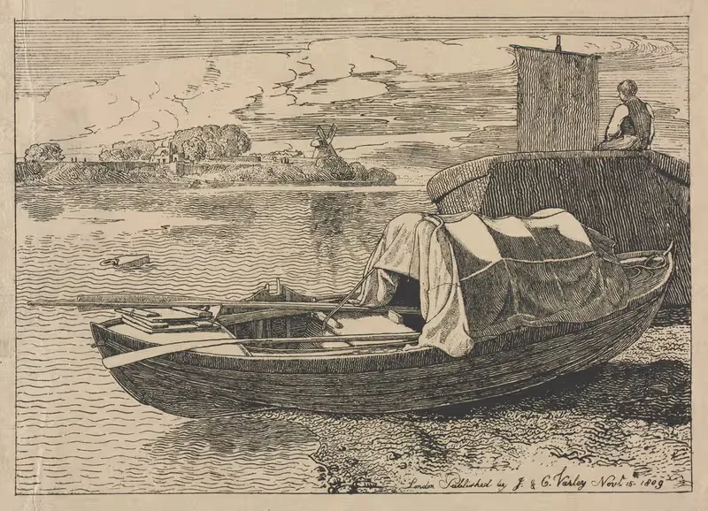 Boats on a River, Windmill in Distance — Cornelius Varley