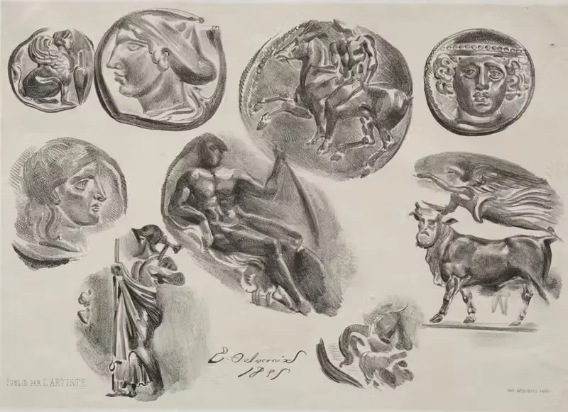 Лист с девятью античными медалями by Эжен Делакруа, 1825 — digital art print download