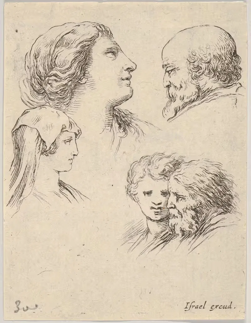 Плита 9; пять голов by Стефано Делла Белла, 1649 — digital art print download