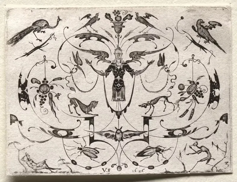 Arabesque with Peacock, Parakeet, Dogs and Insects — Valentin Sezenius