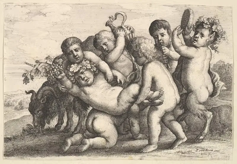 Пять мальчиков, два сатирика и козел by Венцеслав Голлар, 1647 — digital art print download