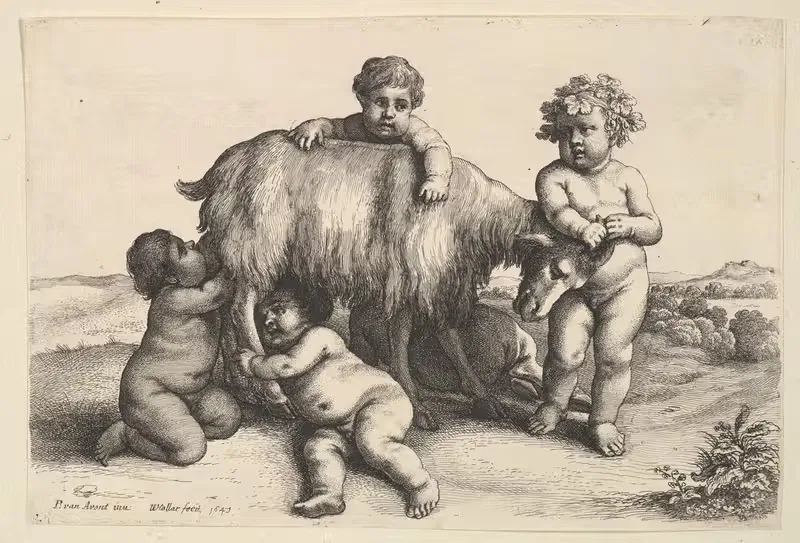 Four boys, a young satyr, and a goat — Wenceslaus Hollar