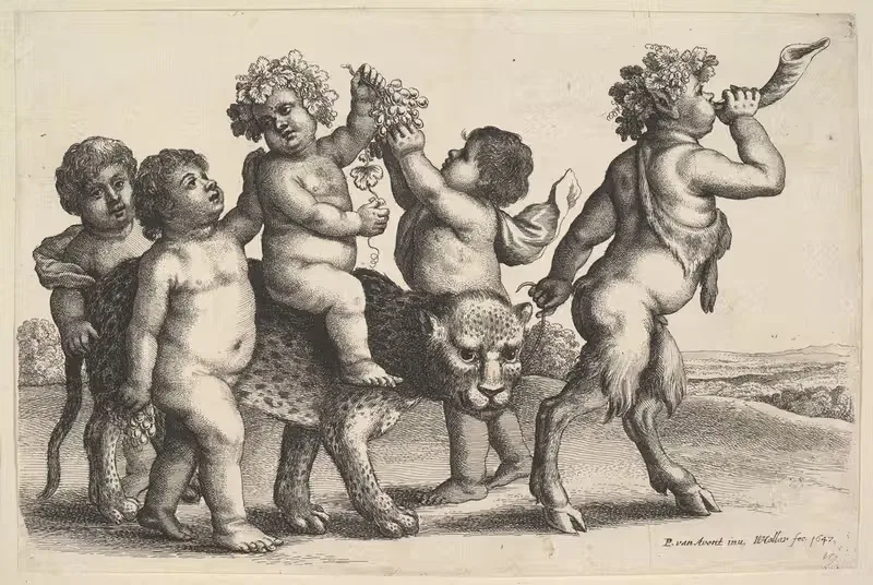 Четыре мальчика, молодой сатир и леопард by Венцеслав Голлар, 1647 — digital art print download