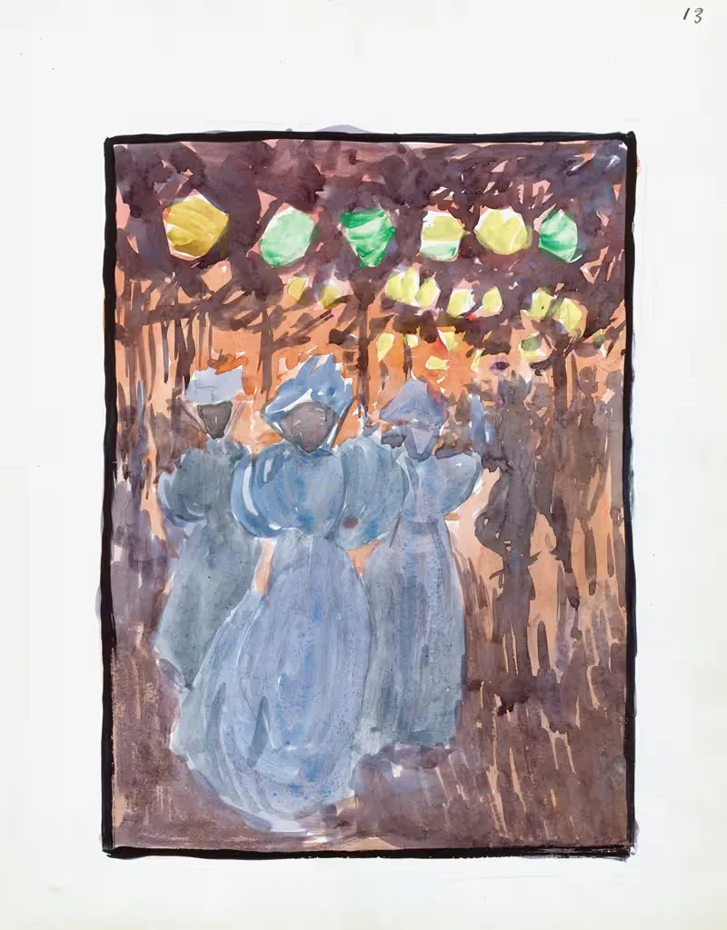 Night scene with three women in blue. — Maurice Prendergast