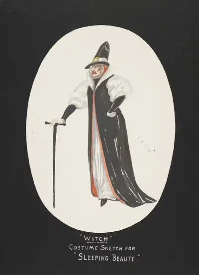 Sleeping Beauty: Witch. White gown with black coat, and high collar by John Glidden, 1934-1943 — digital art print download