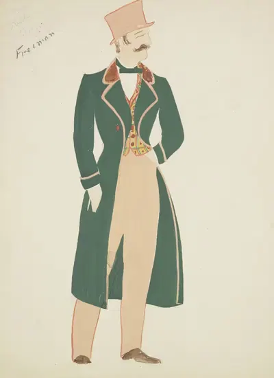 New York Fireman: Long green coat, yellow plaid waistcoat, tan trousers by Lucie Gilligan, 1934-1943 — digital art print…