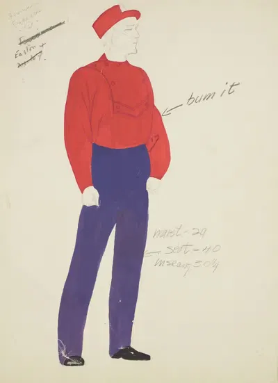New York Fireman: Red button shirt, purple trousers and red cap by Lucie Gilligan, 1934-1943 — digital art print download