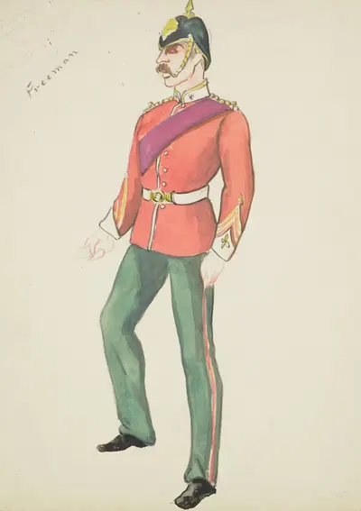 New York Fireman: Red military coat, green trousers, purple sash, green helmet by Lucie Gilligan, 1934-1943 — digital art…