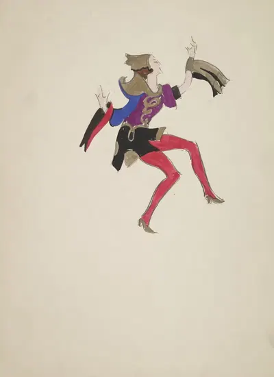 Emperor's New Clothes: purple and bronze top with one blue sleeve, black skirt, red tights by Maxine Borowsky, 1934-1943 —…