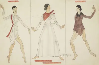 Salut au Monde: White unitard with red drape. White gown with red kerchief. Brown unitard with black kerchief by Robert…
