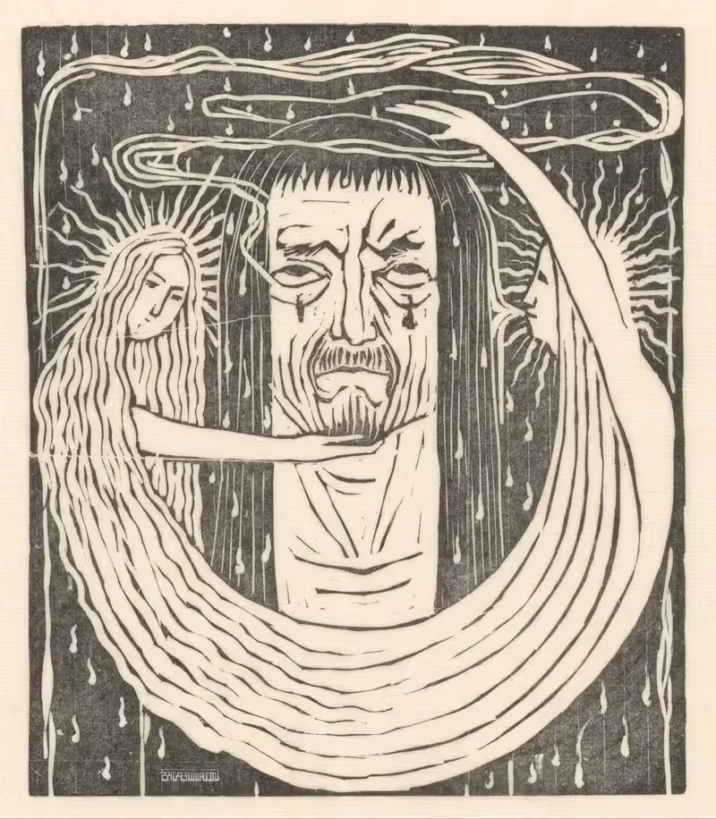 Mannenhoofd en figuren in de regen — Mathieu Lauweriks