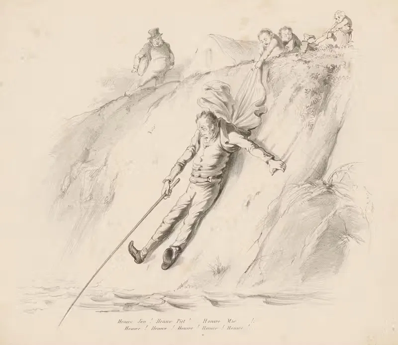 Man met hengel glijdt van helling — Alexander Ver Huell