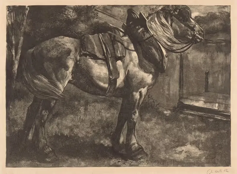 Opgetuigd paard op een oever — Johannes Josephus Aarts