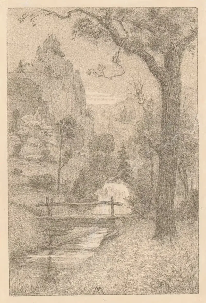 Berglandschap met waterval en brug — Simon Moulijn