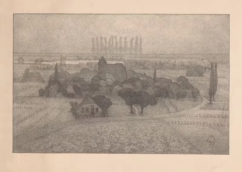 Landschap met dorp bij een rivier Schemering — Simon Moulijn