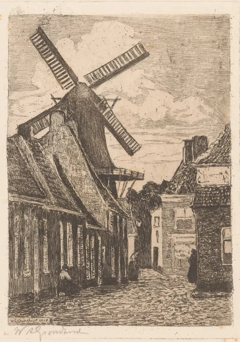 Уличный вид с мельницей by Виллем Адрианус Грондхаут, 1905 — digital art print download