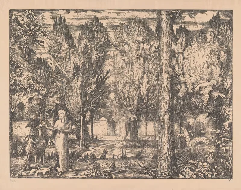 Vrouw en ram in ommuurde tuin — Willem van Konijnenburg