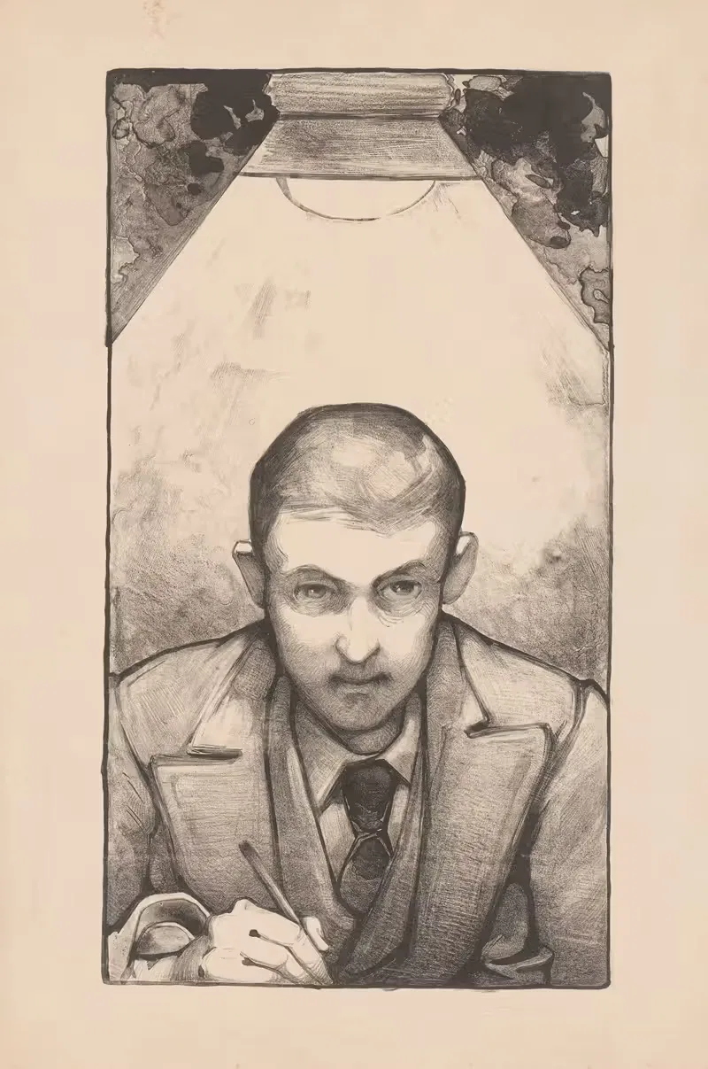 Zelfportret onder lamp, tekenend — Bernard Willem Wierink