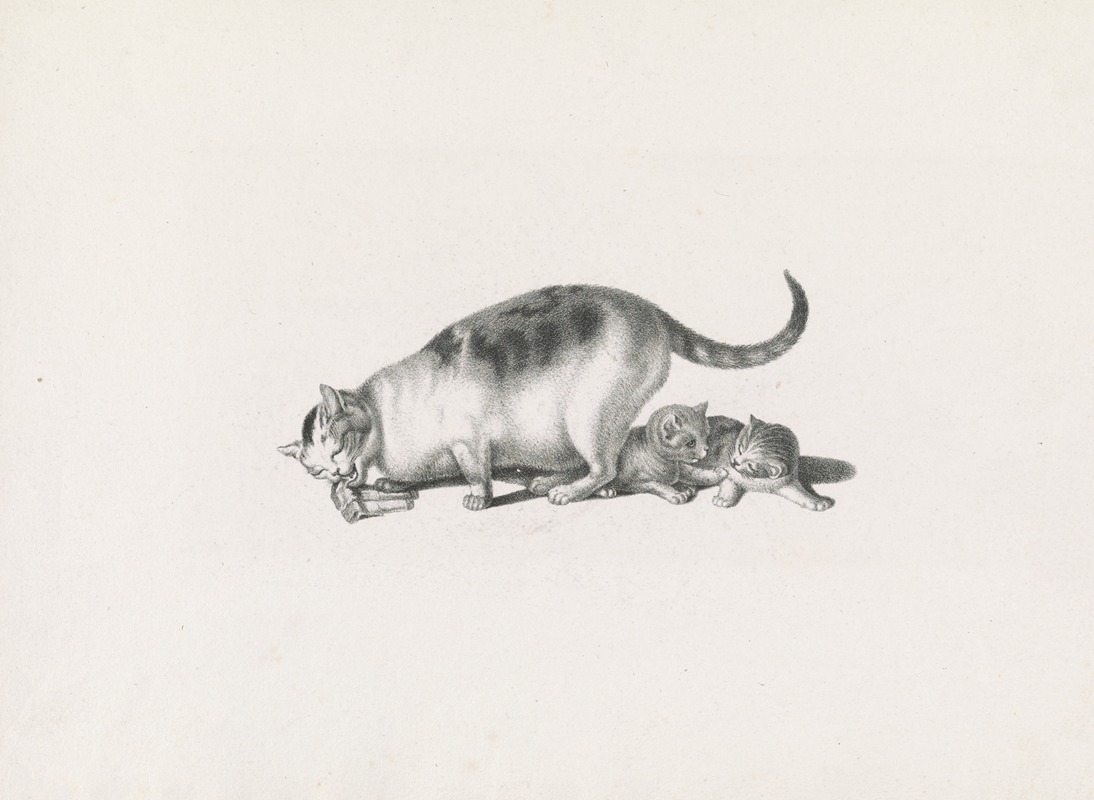 Domestic cat eating while two kittens play by Готфрид Минд, 1820-1860 — digital art print download