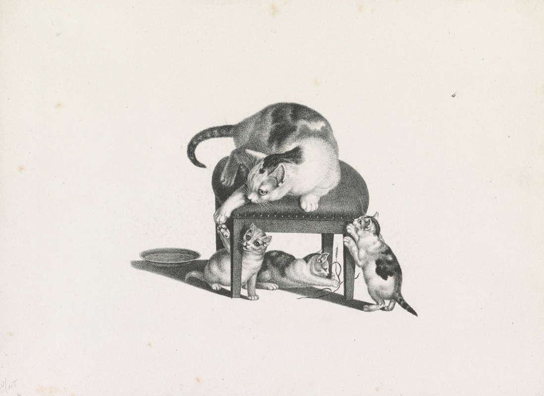 Domestic cat on a stool playing with three kittens — Готфрид Минд