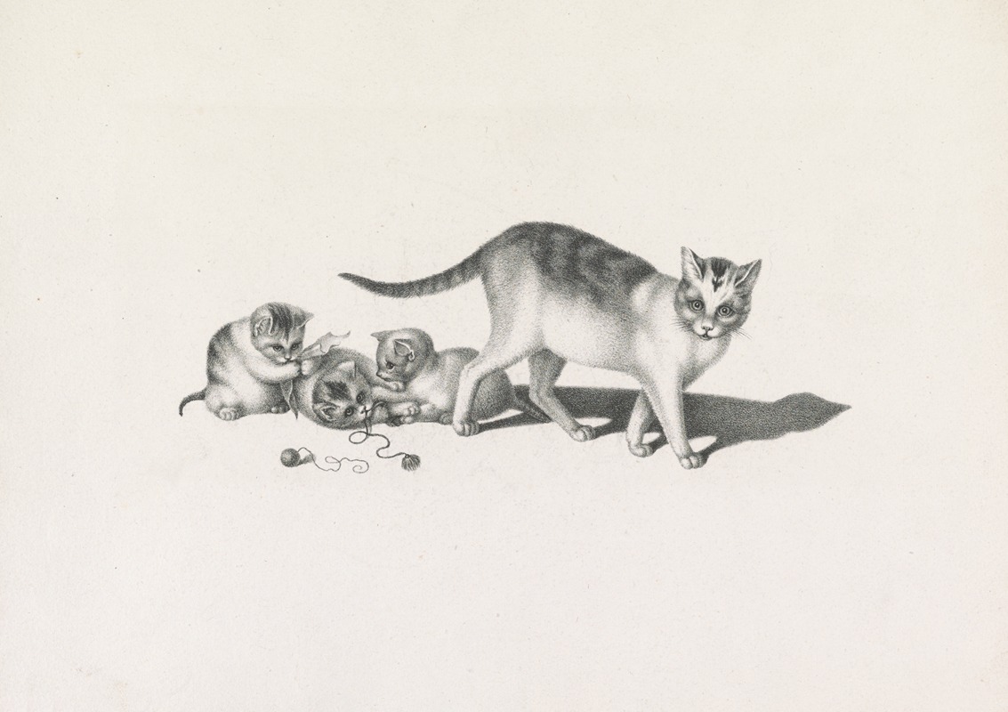 Domestic cat with three kittens, playing by Готфрид Минд, 1820-1860 — digital art print download