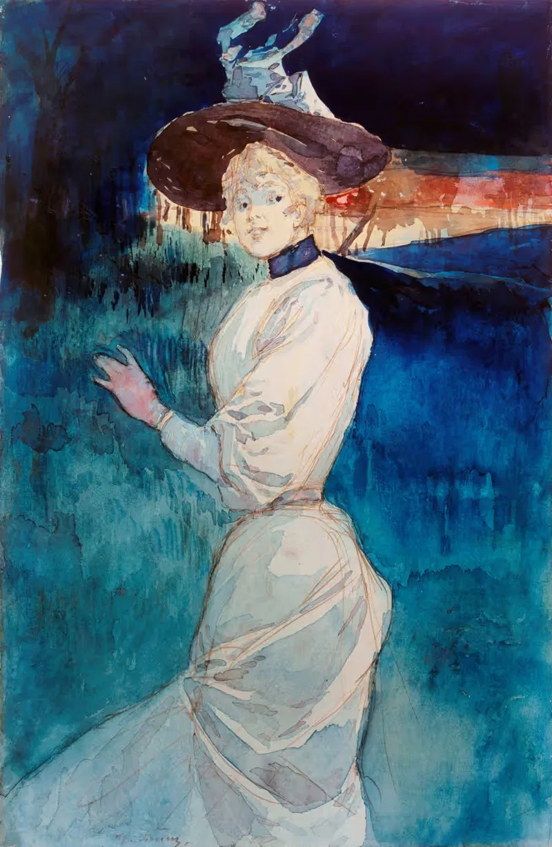 Elégante en robe blanche dans un paysage — Henri Somm
