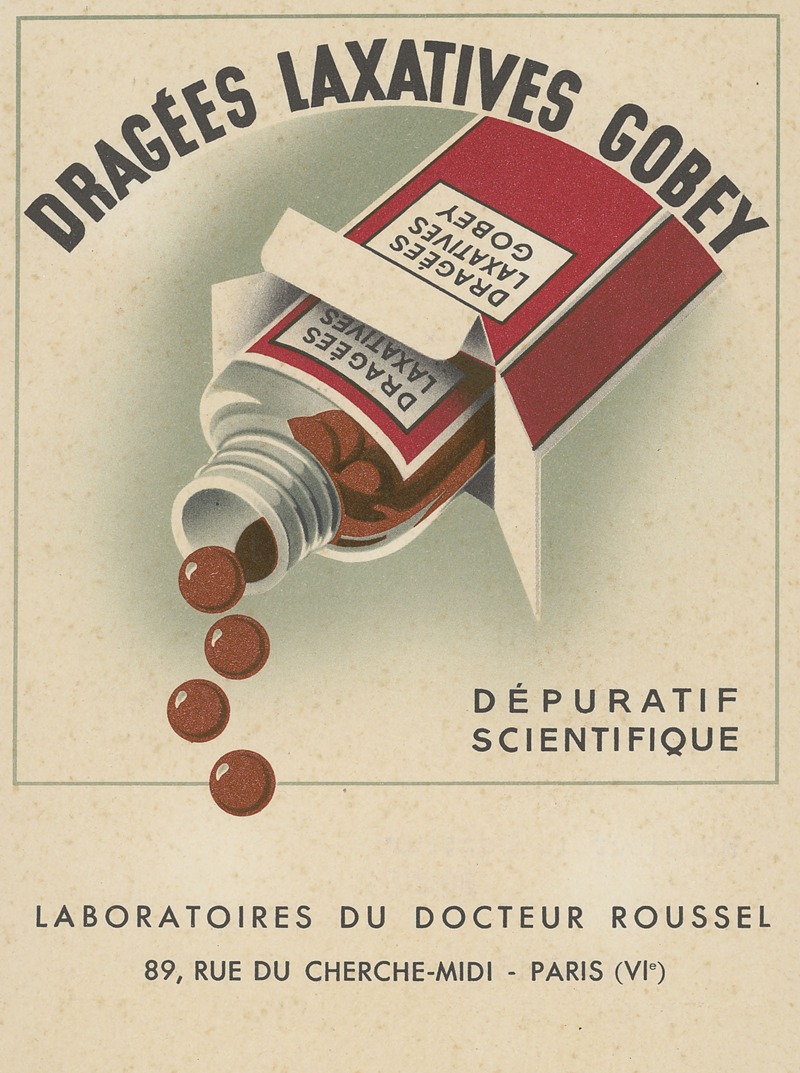 Dragées laxatives Gobey by Laboratoires du docteur Roussel, 1910-1950 — digital art print download