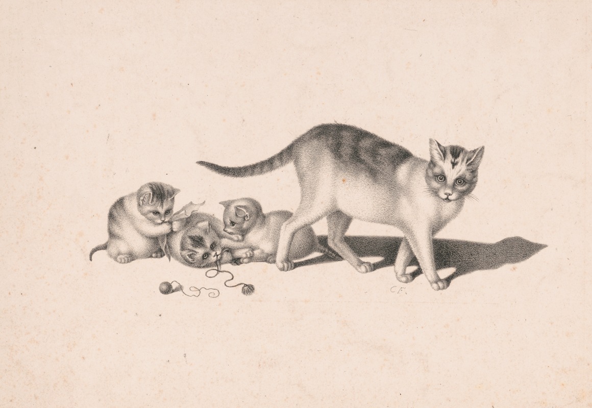 Cat and three kittens playing with string and paper by Шарль Фендерих — digital art print download