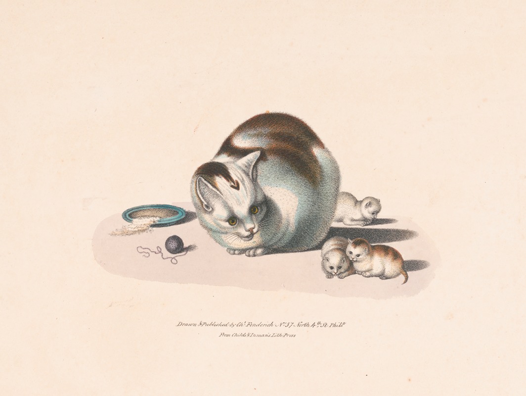 Cat and three kittens by Шарль Фендерих, 1832 — digital art print download