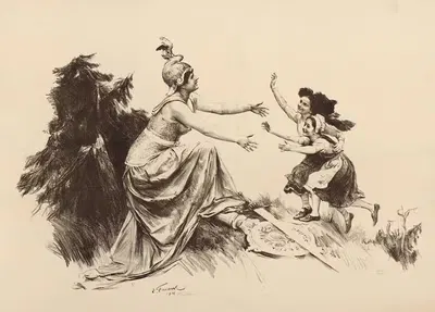 Allégorie féminine guerrière piétinant des armes allemandes et accueillant de jeunes enfants by Émile Friant, 1914-1918 —…