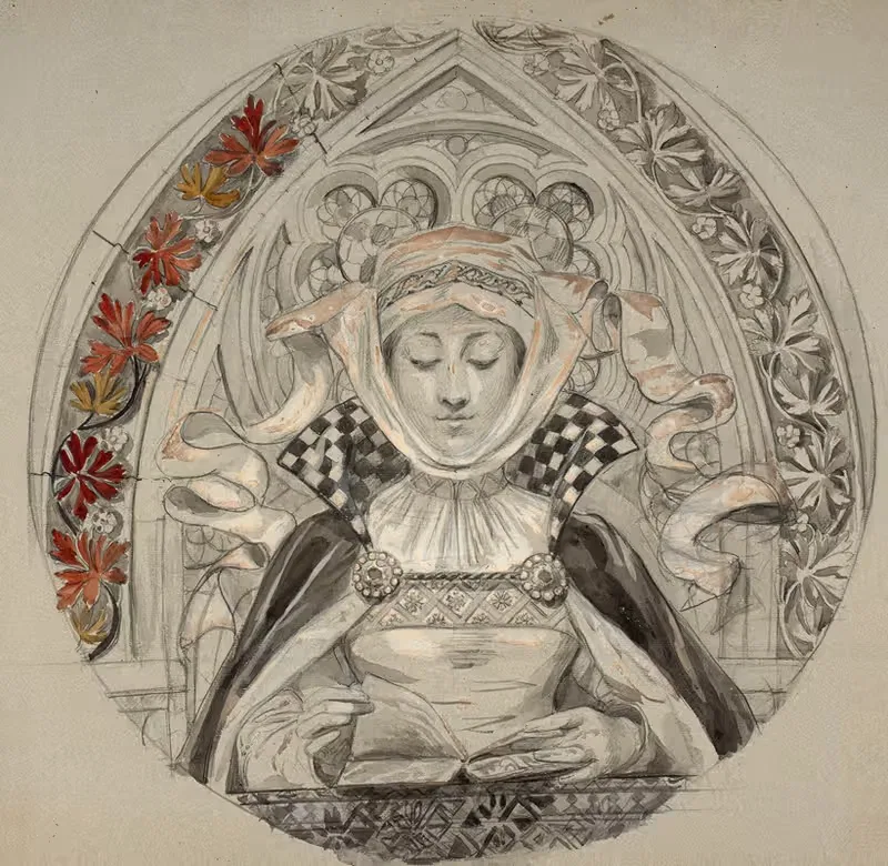 Young woman in a medieval style reading — Marie Bracquemond