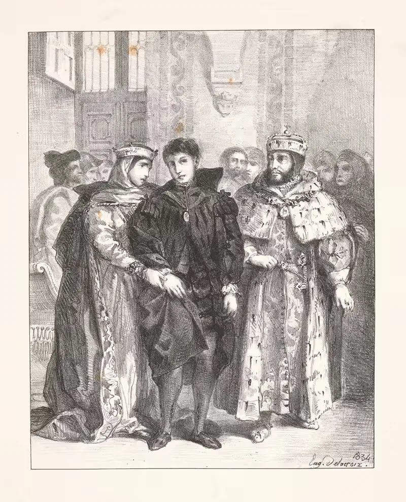 The Queen attempts to console Hamlet (Act I, scene ii) — Eugène Delacroix