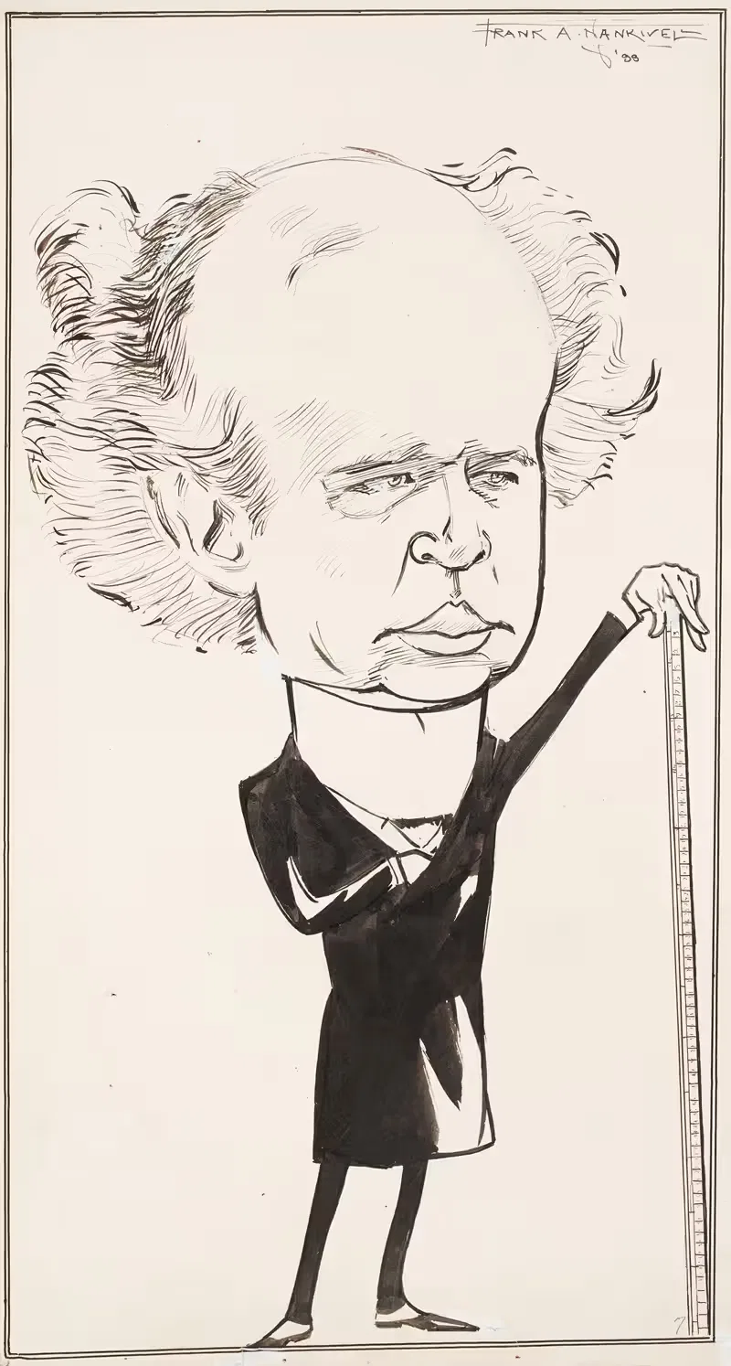 A balding man holds a tape measure. — Frank Arthur Nankivell