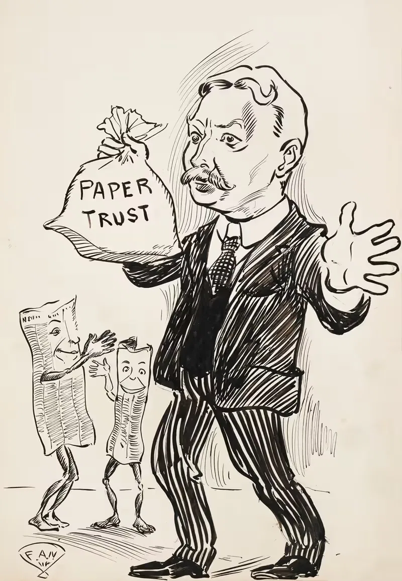 A man holds a bag labeled 'Paper Trust' — Frank Arthur Nankivell