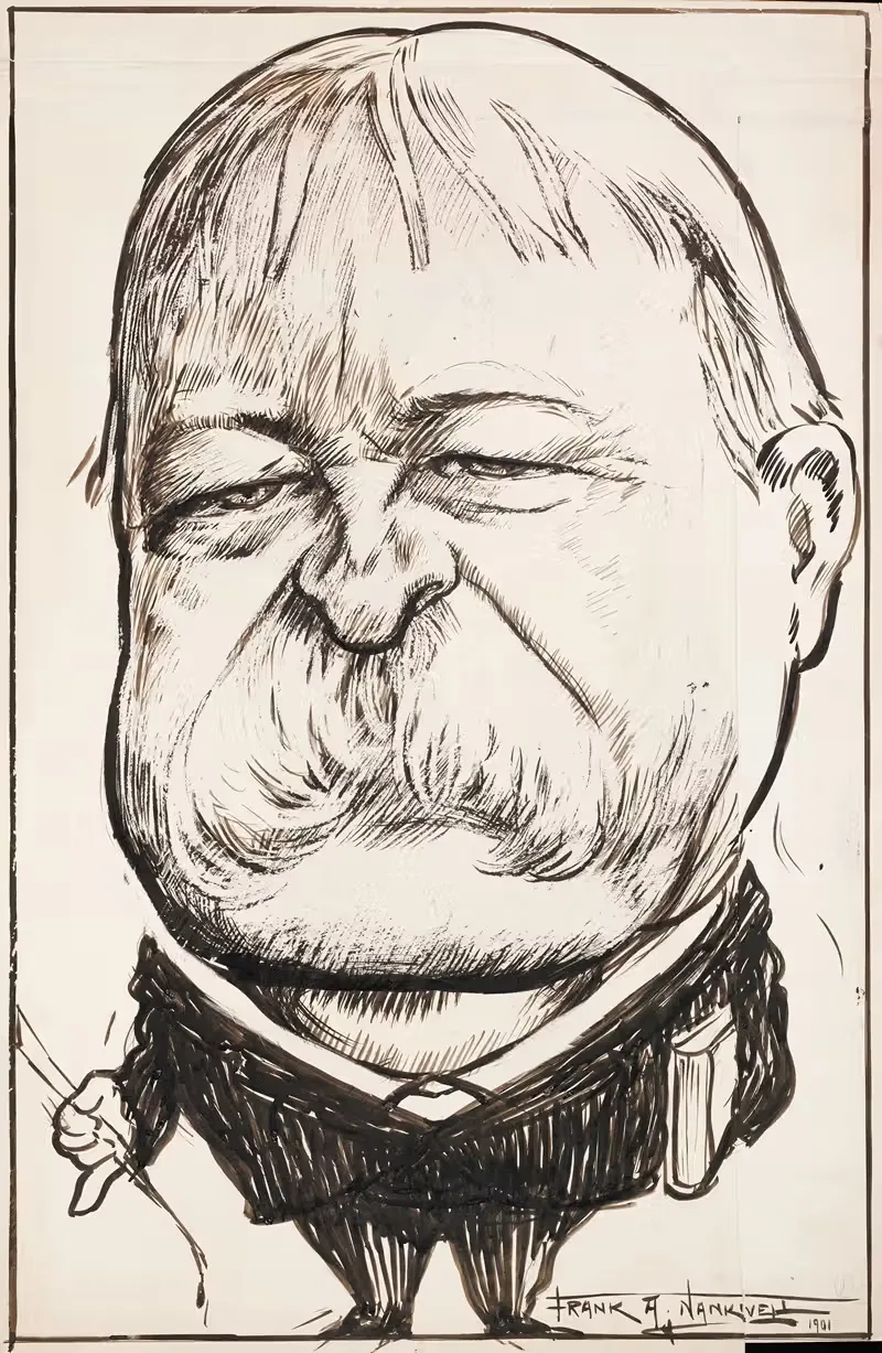 A man with a large mustache and a book under his arm. — Frank Arthur Nankivell