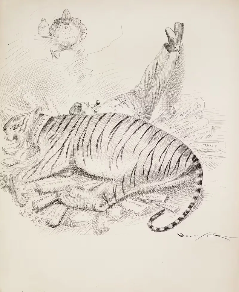 Murphy rests leaning against a large tiger, representing Tammany Hall — Homer Davenport