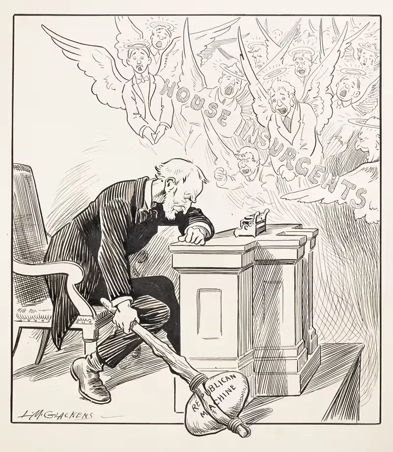 Man leaning over desk with large club — Louis Glackens
