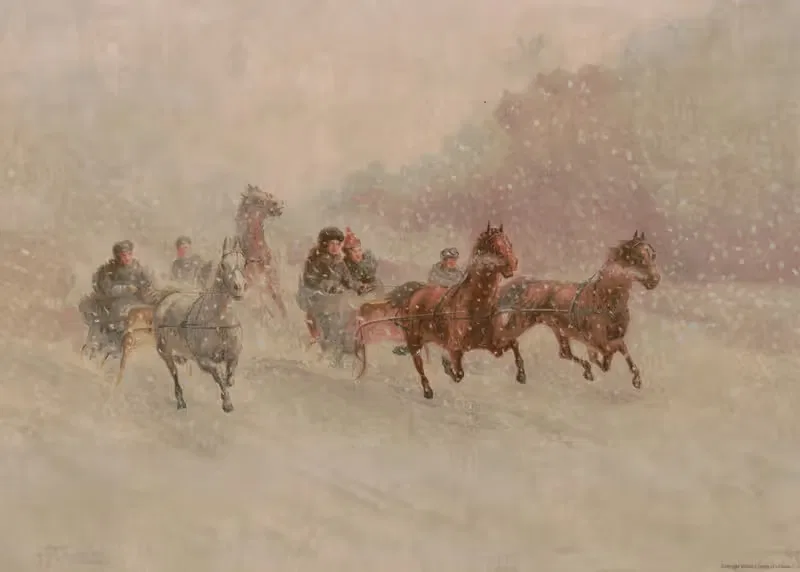 Sleighs pulled by horses running through snow (after F.M. Lamb) — Louis Prang & Co.