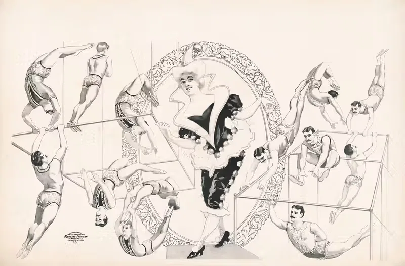 Woman clown. Acrobats on bars — Russell, Morgan & Co.