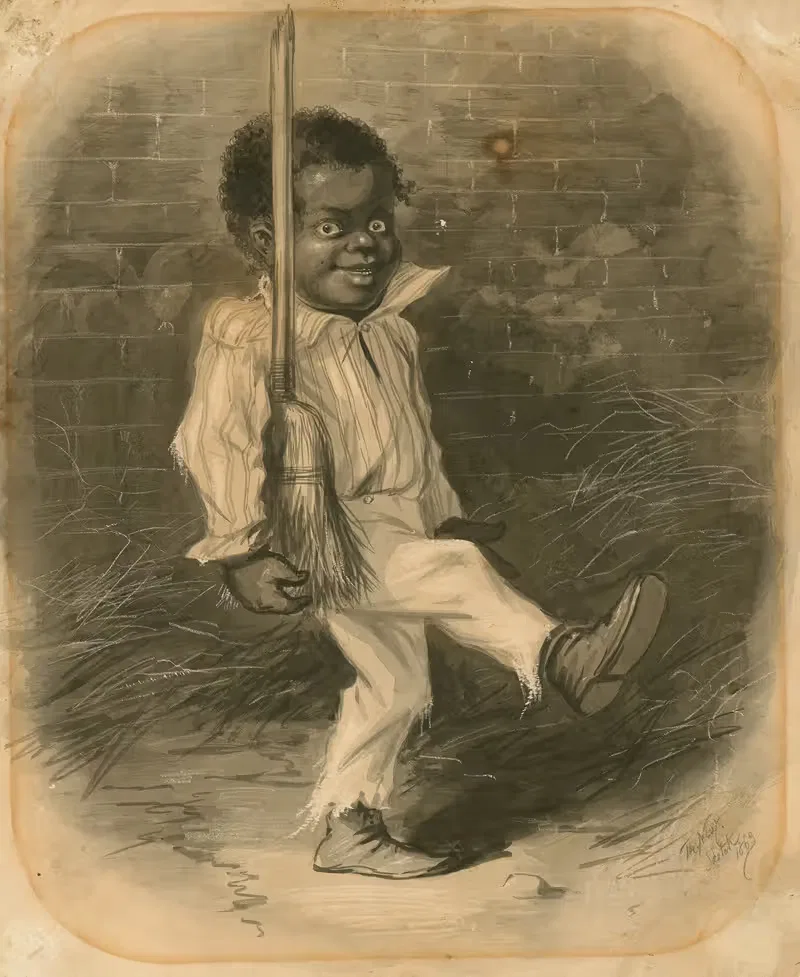 African American boy marching with a broom — Thomas Nast