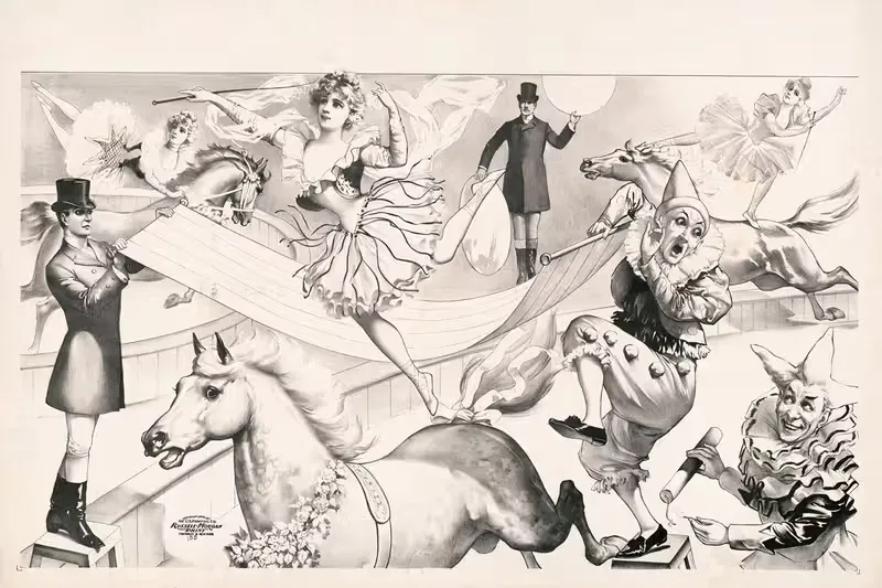 Scarf act by bareback rider. Clowns and dynamite — Russell, Morgan & Co.