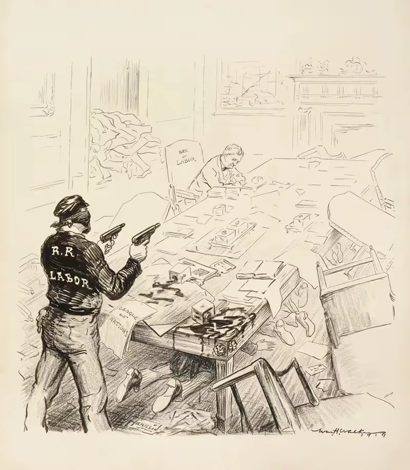 A bandit, representing railroad labor, attacks the cabinet office — William Henry Walker