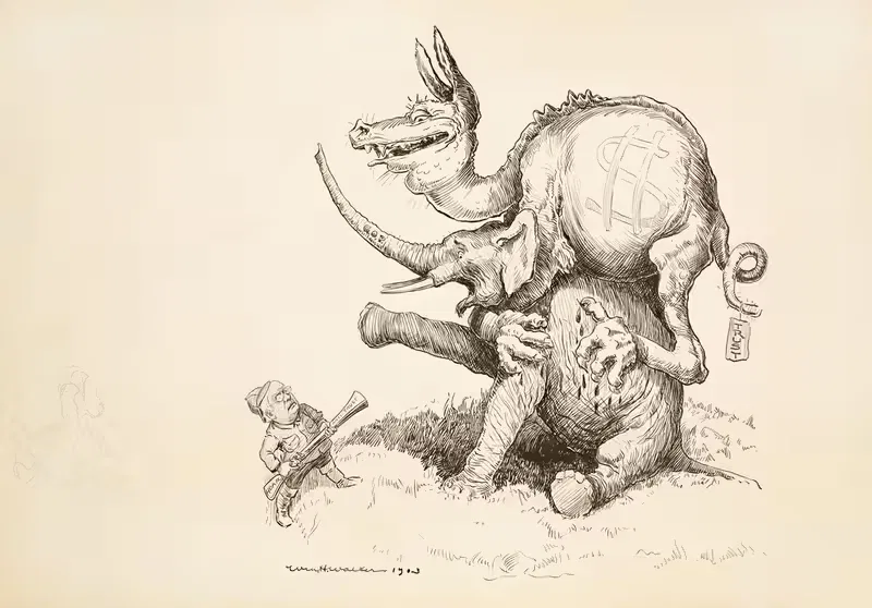 A dragon representing the trusts attacks the Republican Party elephant — William Henry Walker
