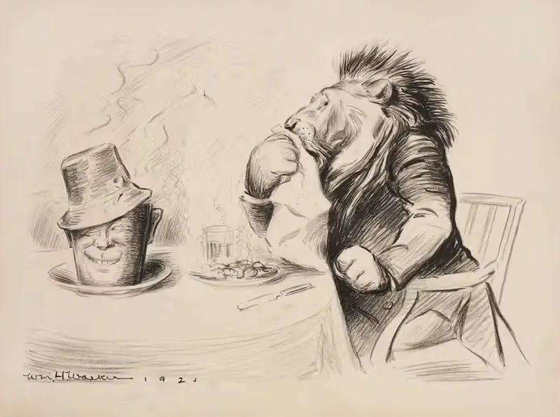A lion (Great Britain) eats a fine dinner. The coffee cup on the table has a face. — William Henry Walker