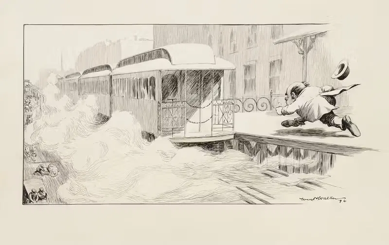 A man runs to catch a departing train. — William Henry Walker